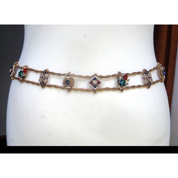 VTG KJL? Multicolored Bejeweled Rhinestone Gold Chain Belt Royalty Small RARE